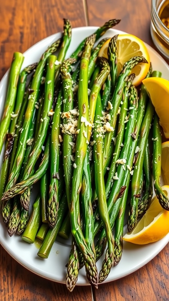 Grilled asparagus with garlic and parmesan on a rustic table, garnished with lemon wedges.
